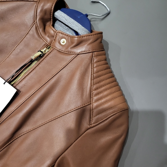 Cole Hann Caramel Brown Leather Moto Jacket Snap Button Neck - Picture 8 of 11